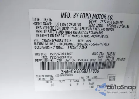 2016 Ford Flex Sel from USA, damaged, VIN 2FMGK5C80GBA17036